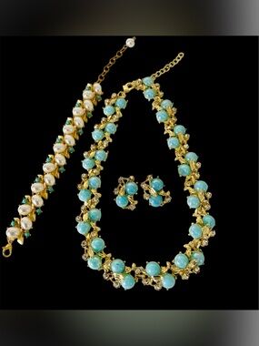 Gold-Tone Turquoise Bead Necklace & Earring Set